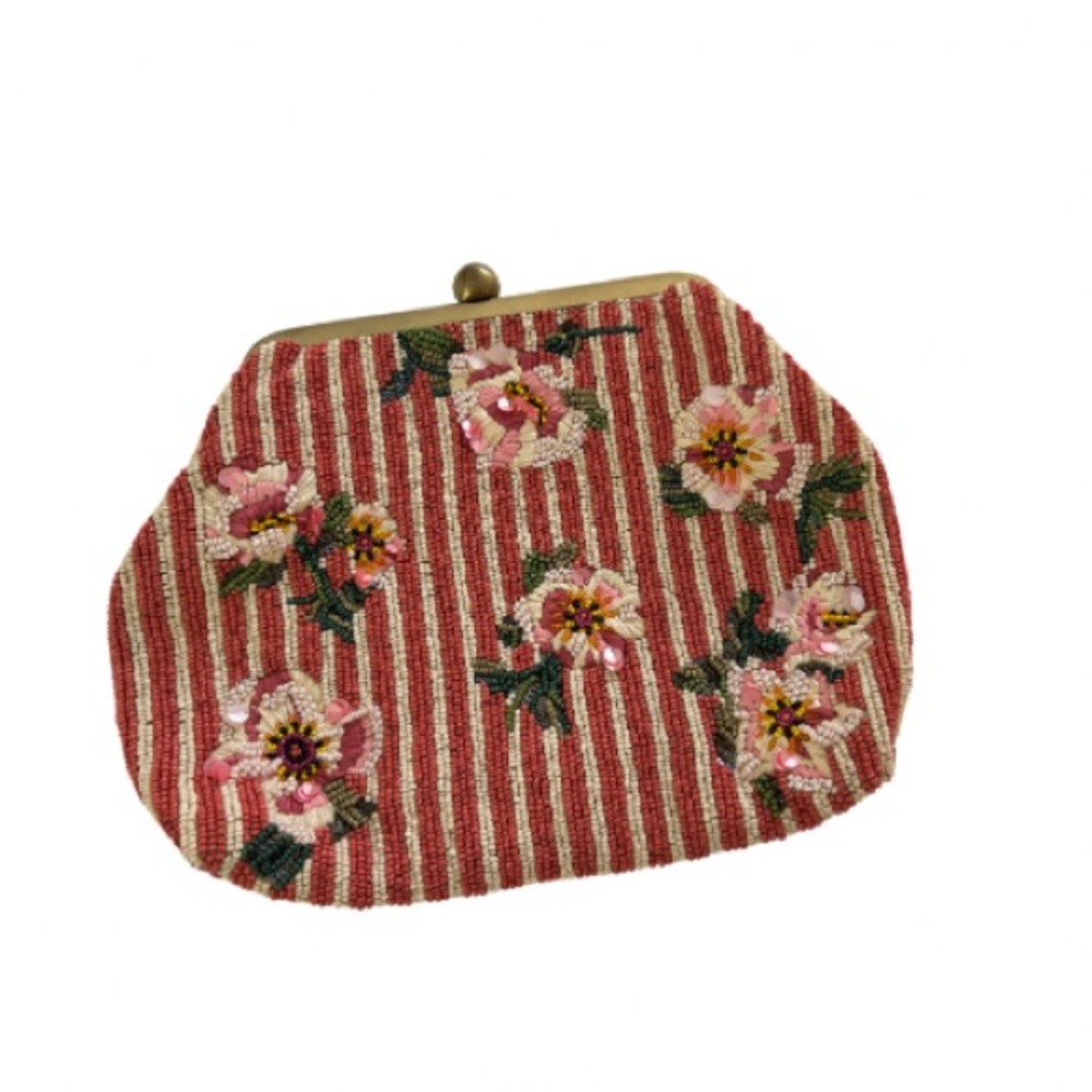 NWT Anthropologie Beaded Striped Dark Peach Clutch